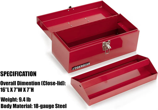 FOXNGEAR Foxngear Heavy-duty 16" Portable Metal Toolbox with Hand Carry- Red