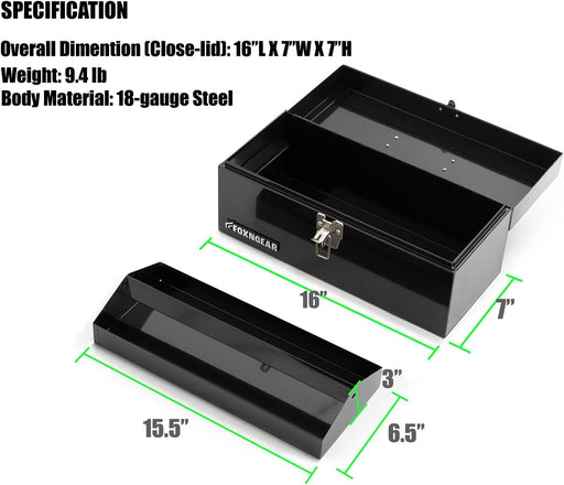 FOXNGEAR Foxngear Heavy-duty 16" Portable Metal Toolbox with Hand Carry- Black