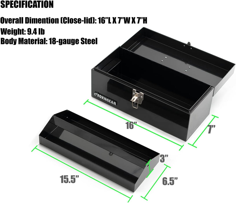 FOXNGEAR Foxngear Heavy-duty 16" Portable Metal Toolbox with Hand Carry- Black