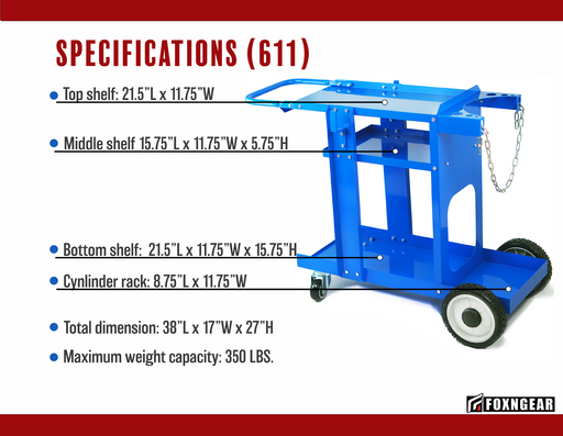 FOXNGEAR FOXNGEAR 350LBS Capacity Welding Cart for MIG/TIG Welder and Plasma Cutter-Blue-611B