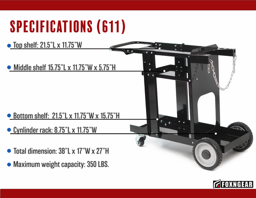 FOXNGEAR FOXNGEAR 350LBS Capacity Welding Cart for MIG/TIG Welder and Plasma Cutter-Black-611C